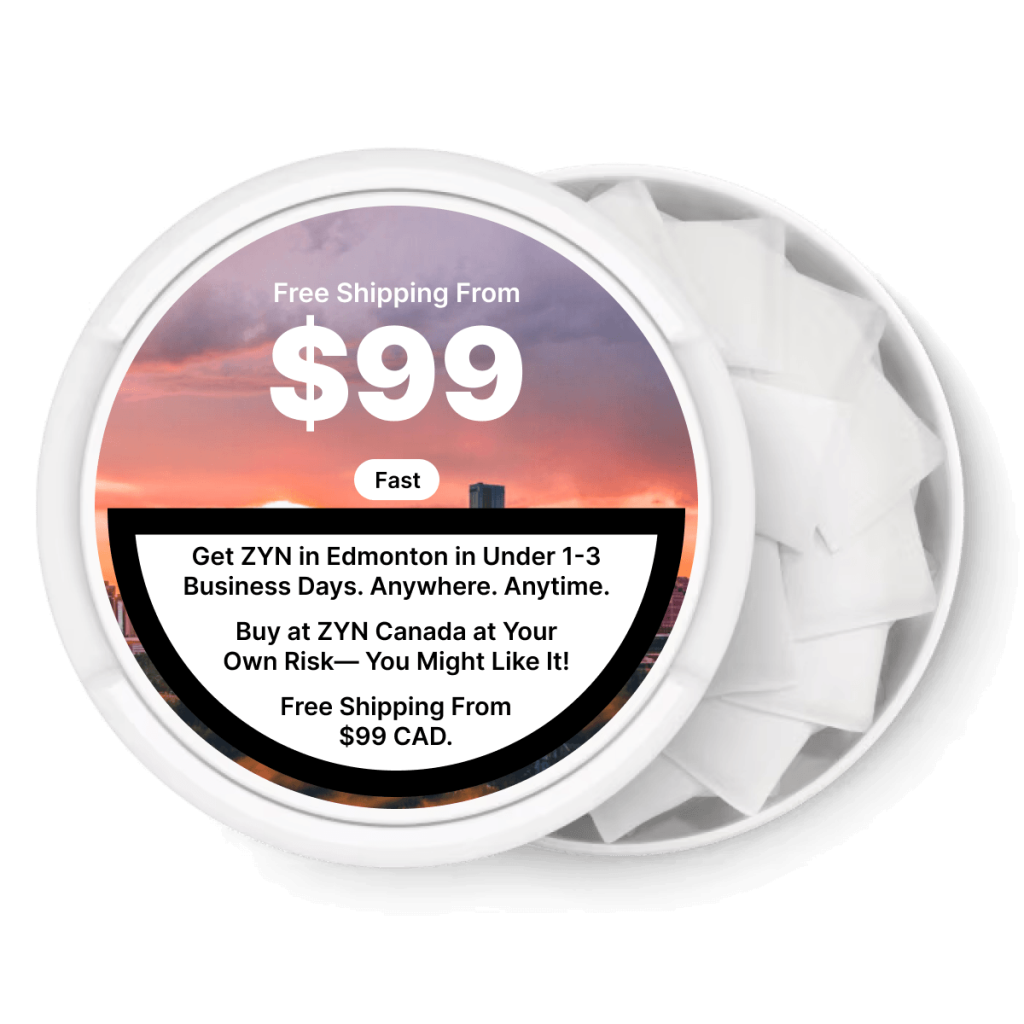 ZYN nicotine pouch can with the Edmonton skyline, free shipping over $99