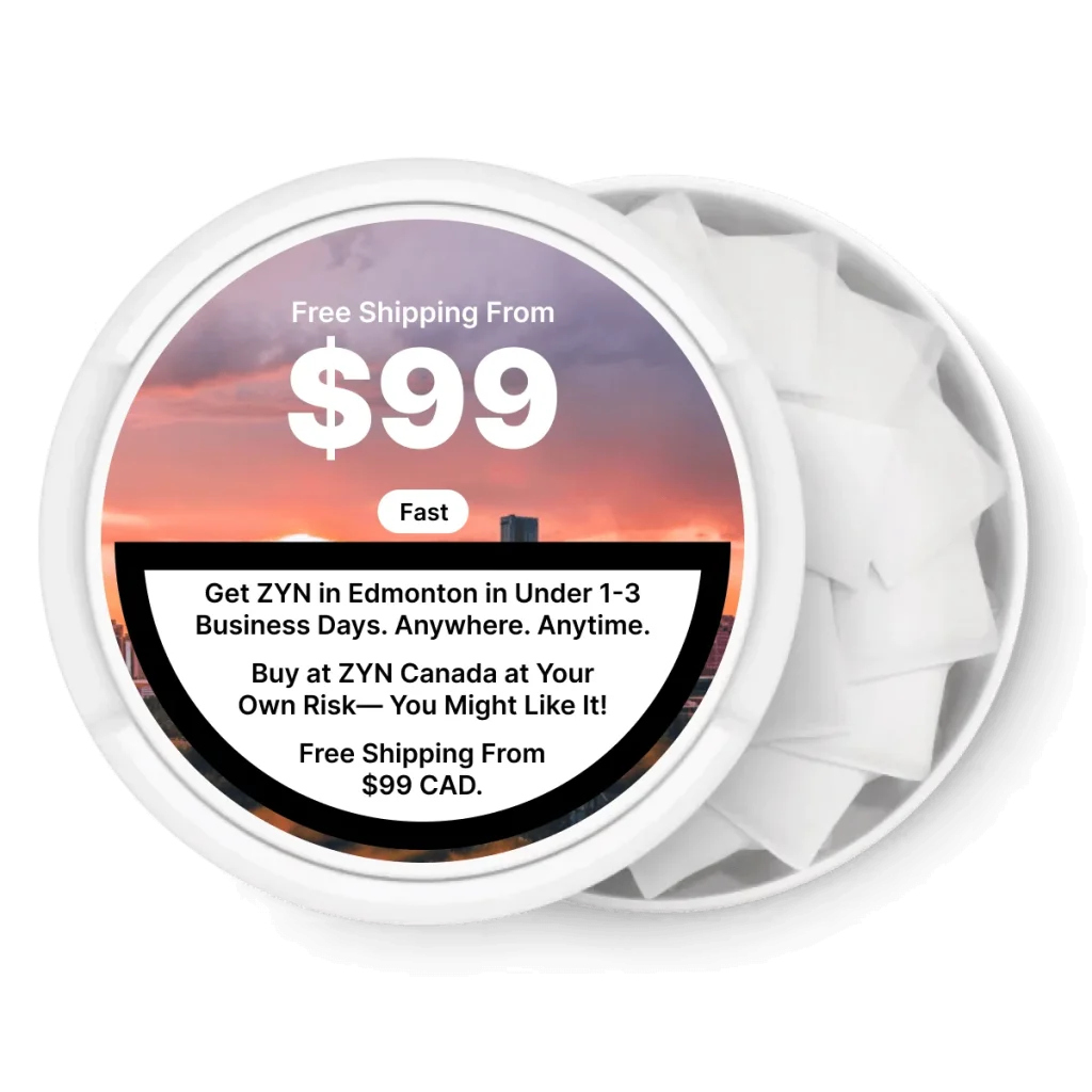 ZYN nicotine pouch can with the Edmonton skyline, free shipping over $99