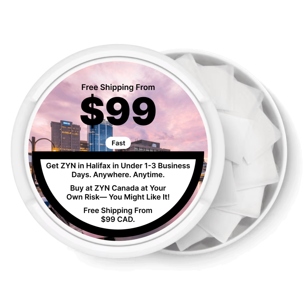 ZYN nicotine pouch can with the Halifax skyline, free shipping over $99