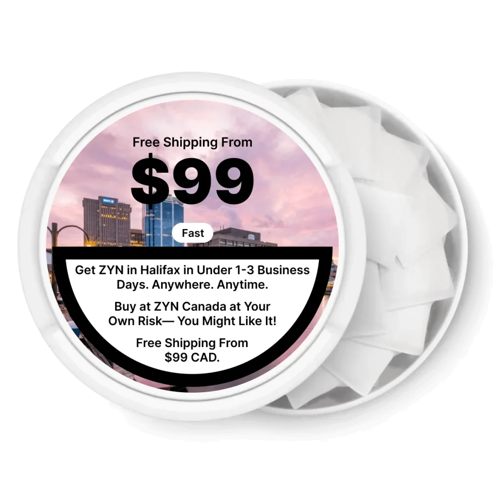 ZYN nicotine pouch can with the Halifax skyline, free shipping over $99