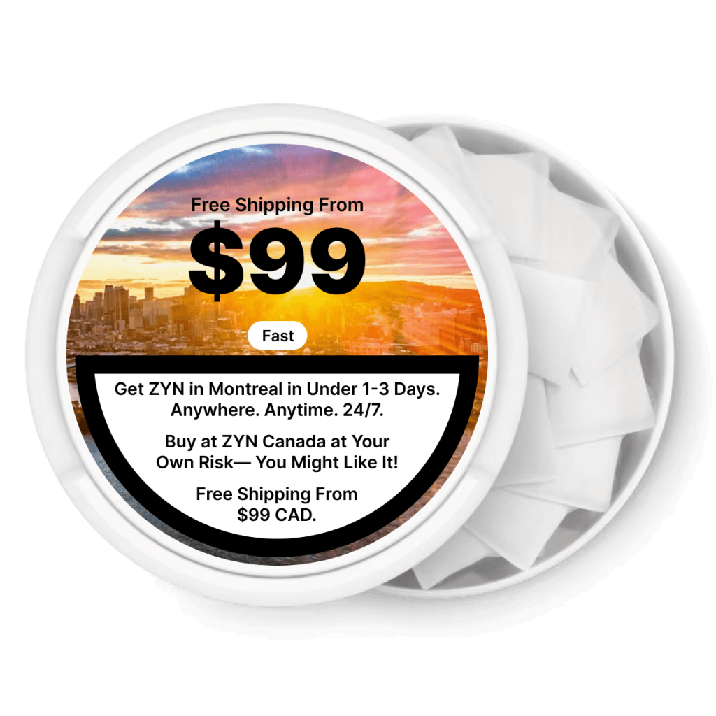 ZYN nicotine pouch can with the Montreal skyline, free shipping over $99