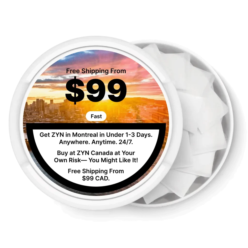 ZYN nicotine pouch can with the Montreal skyline, free shipping over $99