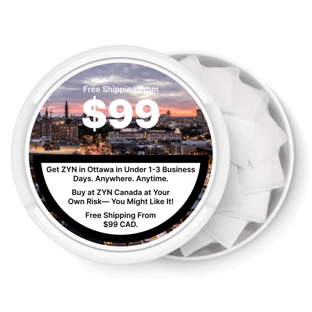 ZYN nicotine pouch can with the Ottawa skyline, free shipping over $99