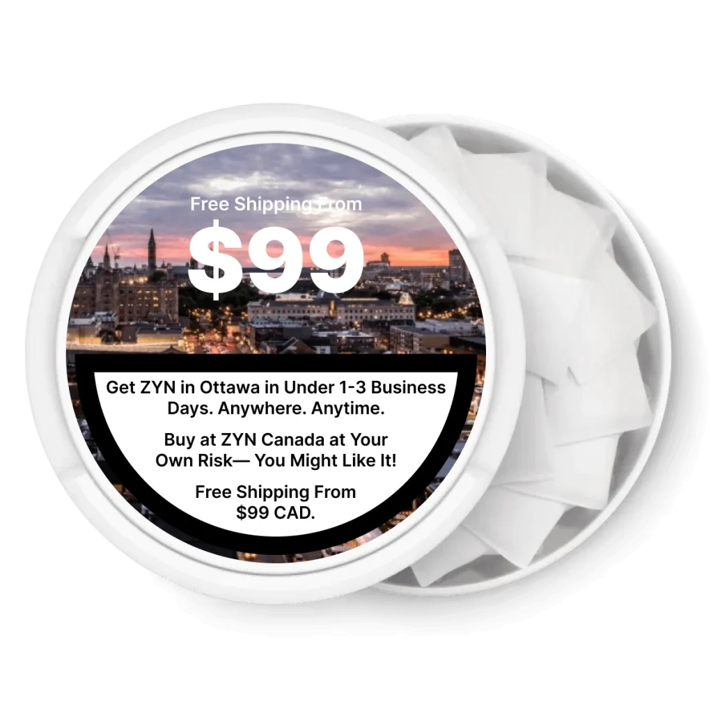 ZYN nicotine pouch can with the Ottawa skyline, free shipping over $99