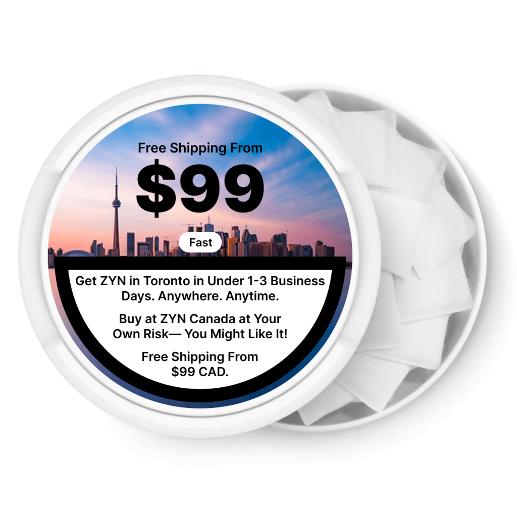 ZYN nicotine pouch can with the Toronto skyline, free shipping over $99