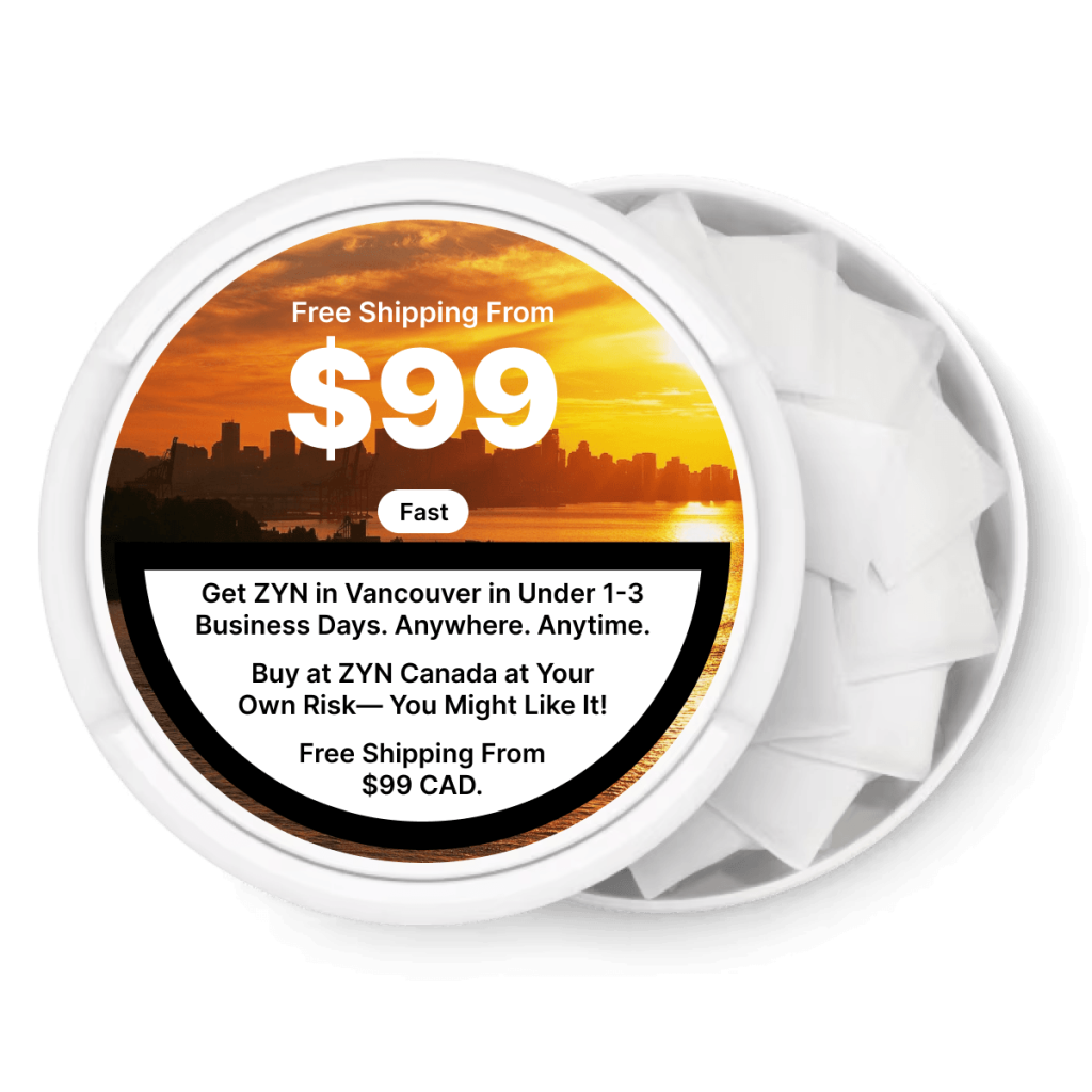 ZYN nicotine pouch can with the Vancouver skyline, free shipping over $99