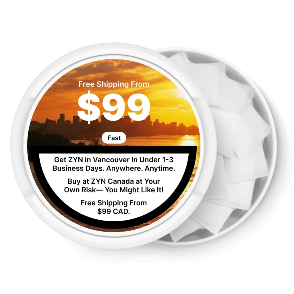 ZYN nicotine pouch can with the Vancouver skyline, free shipping over $99