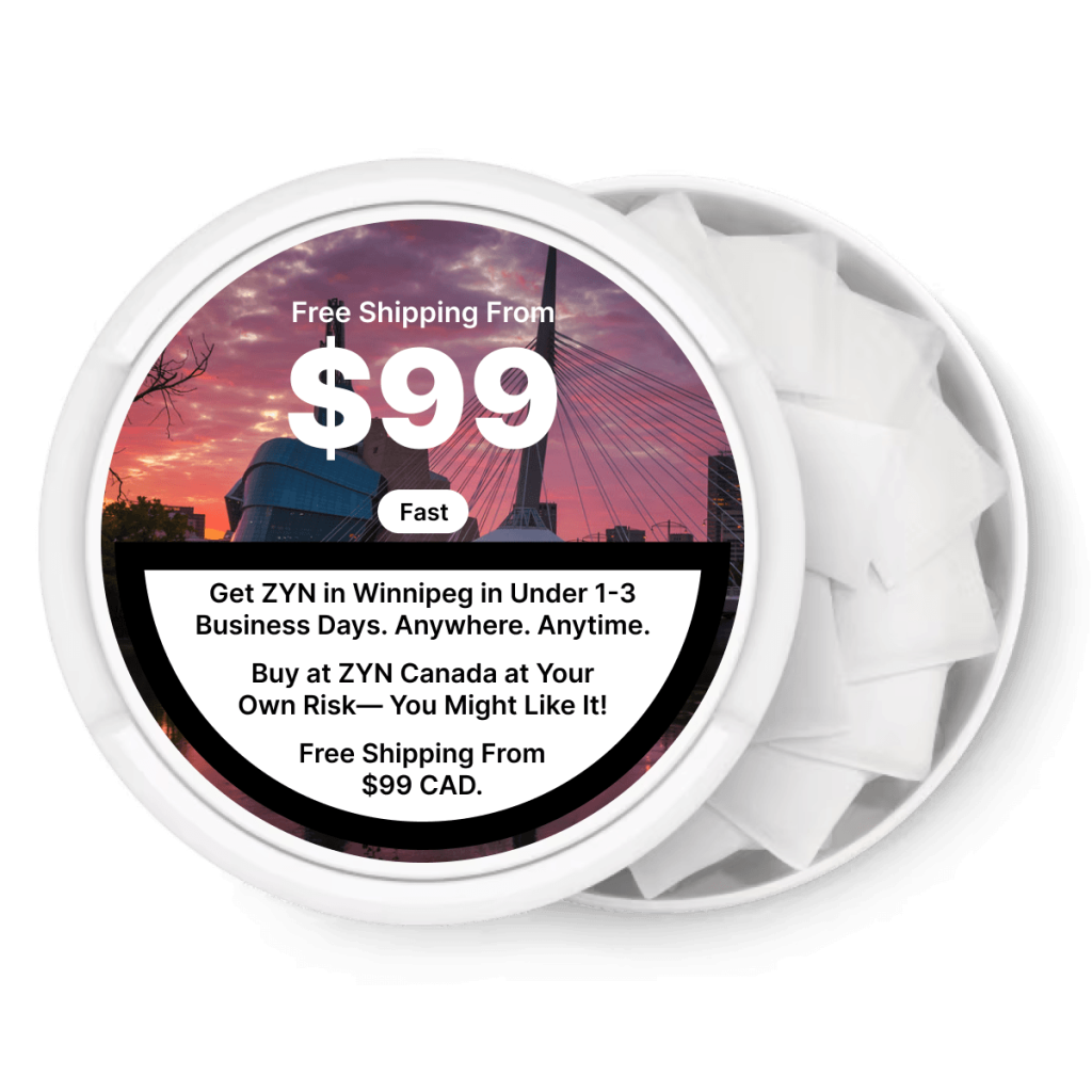 ZYN nicotine pouch can with the Winnipeg skyline, free shipping over $99
