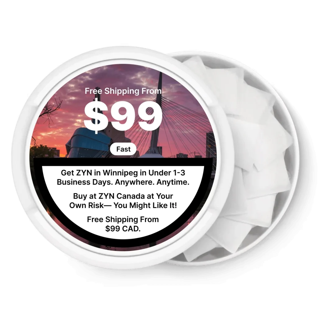 ZYN nicotine pouch can with the Winnipeg skyline, free shipping over $99